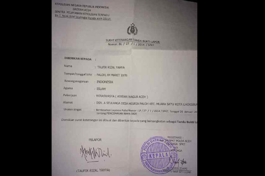 Surat pengaduan  penipuan dan pencemaran nama baik ajudan Wagub Aceh yang dilaporkan ke polisi. Foto Istimewa